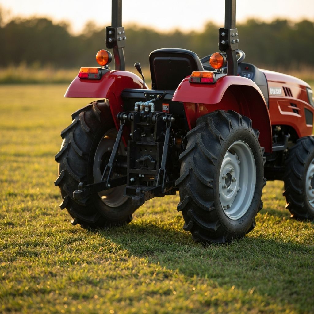 Rear hydraulic remotes mounted on a compact tractor near the three-point hitch