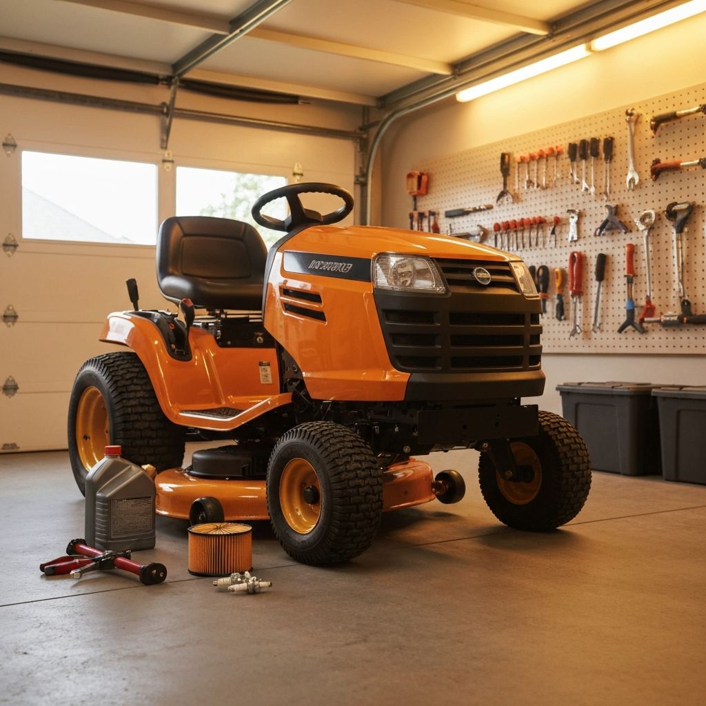 Lawn tractor maintenance setup in a residential garage with tools and supplies