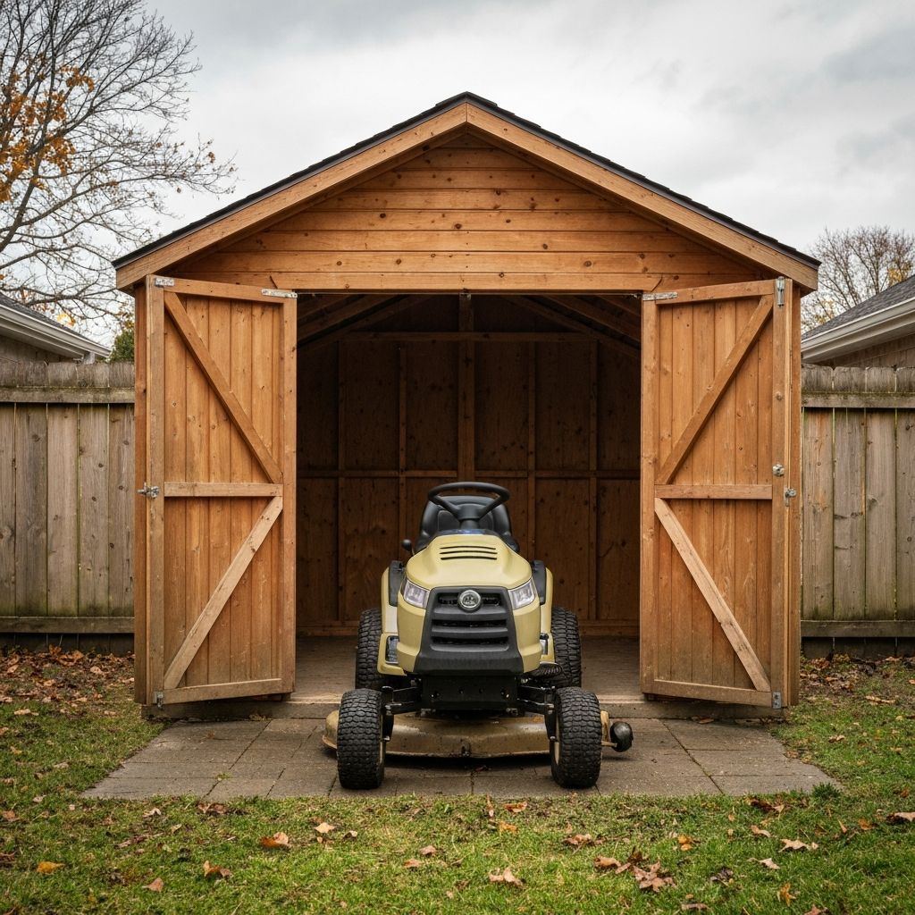 Riding lawn mower stored in clean residential garage for winter