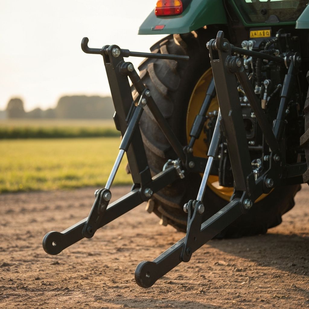 Close-up of a tractor 3-point hitch connection showing lower lift arms and top link