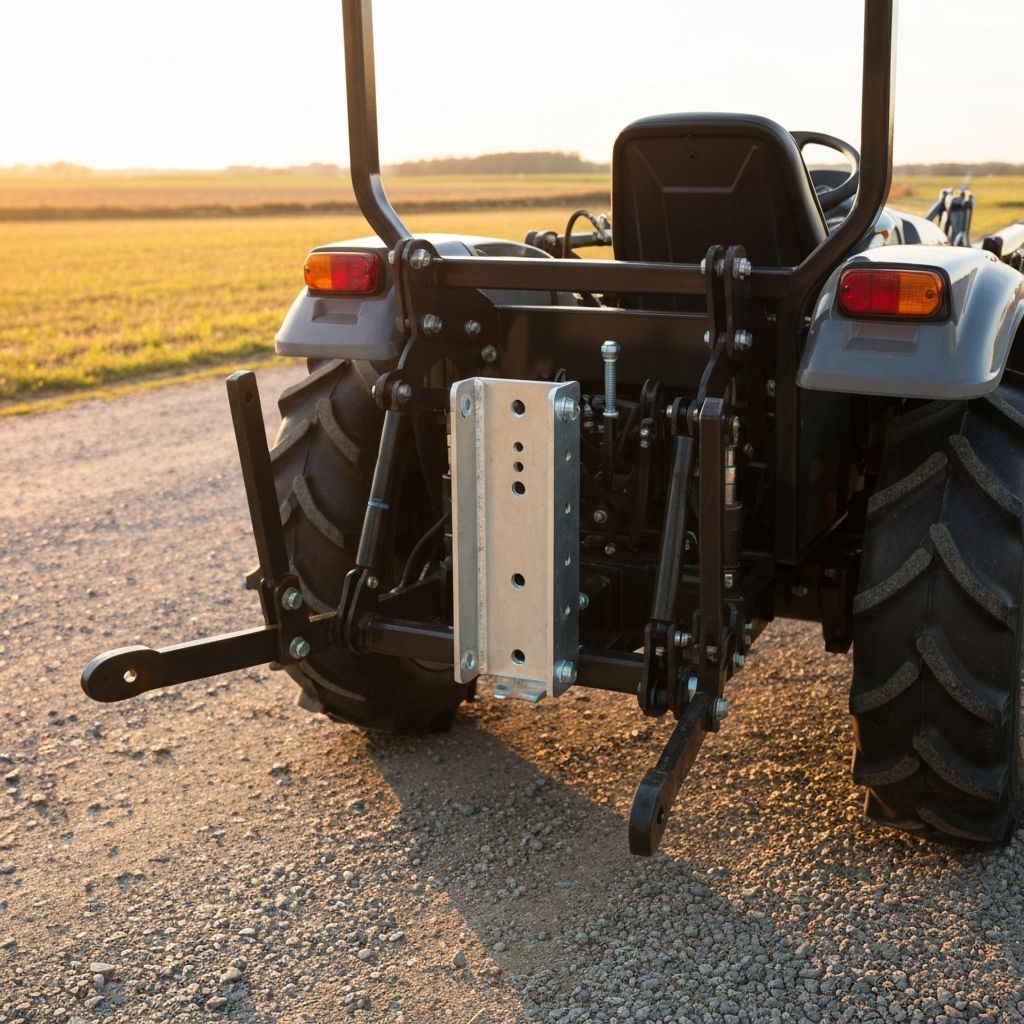 Tractor three-point quick hitch installed on lower lift arms