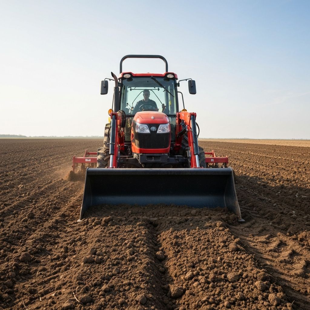 Utility tractor mowing pasture with rotary cutter