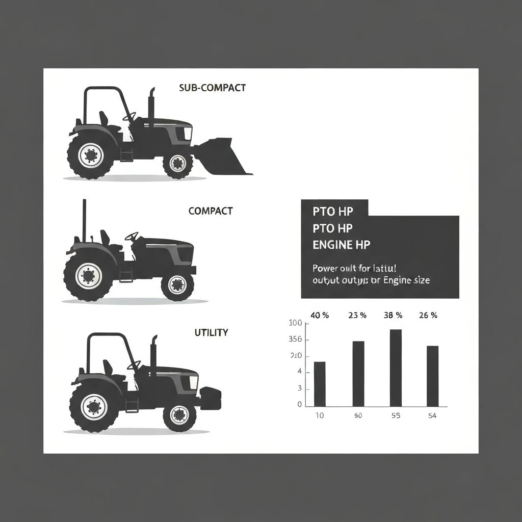 Utility tractor sizing and PTO horsepower comparison infographic